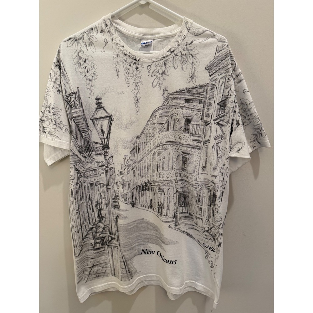 Gildan Mens New Orleans French Quarter Sketch All Over Print T-Shirt White Large